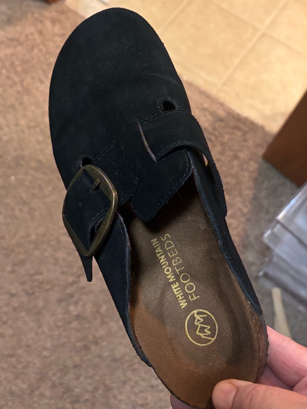 White Mountain Black Suede Buckle Clog Mule